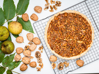 French autumn dessert: homemade walnut tart.
