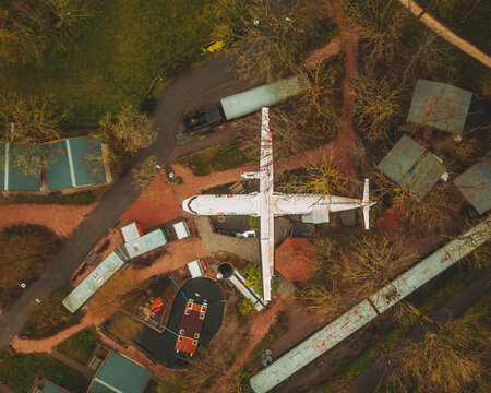 The Netherlands - 06 April 2022: Aerial view of a plane hotel, Camping Land Uit Zee.