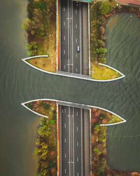 Aerial view of the Veluwemeer Aqueduct Water Bridge, Harderwijk, the Netherlands.