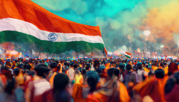 AI Generated Image Of A Large Crowd Of Indians Waving Big Indian Flags, And Celebrating Independence Day And Republic Day