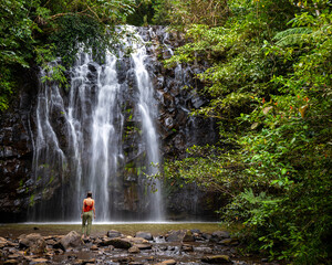 beautiful girl stands under fabulous tropical waterfall in australian rainforest, vacation in...