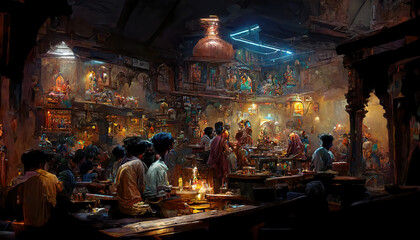 AI generated image of a crowded tavern in ancient India  - obrazy, fototapety, plakaty