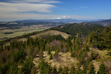 Obraz premium Spring view from Ruprechticka observation tower on Giant Mountains, Broumov area, Broumov, Broumov Walls