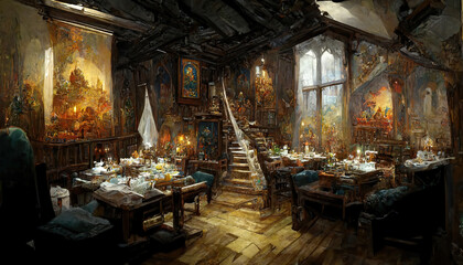 Fototapeta na wymiar AI generated image of a medieval tavern somewhere in Europe 