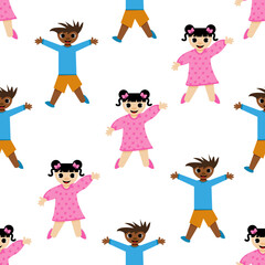 A set of jumping children with their hands raise on a white background. A girl with tails and bows in a pink dress and a boy in a blue shirt and orange shorts. Wallpaper for children room.