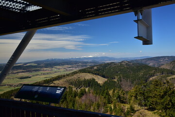 Spring view from Ruprechticky Spicak observation tower on Giant Mountains, Broumov area, Broumov, Broumov Walls.