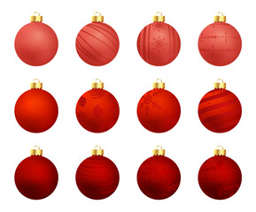 Collection of elegant decorative Christmas balls. Different gradient of red color tones palette -  vector illustration