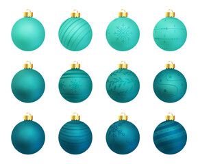 Decorative Christmas balls with different cyan color palette -  vector illustration