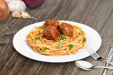 Tasty dish pasta with meat balls, food concept