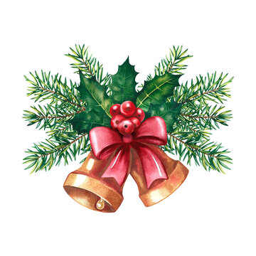 Christmas bells with red ribbon, fir branches and holly. Watercolor. For labels and packaging, printing and stickers.