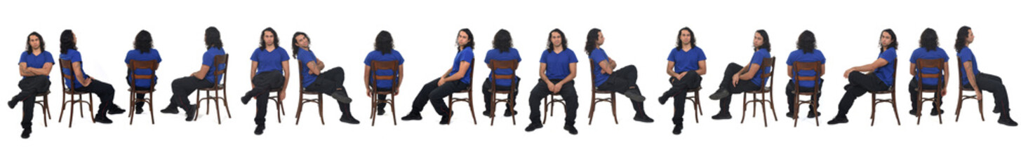 line of large group of same man with sportswear sitting on chair on white background
