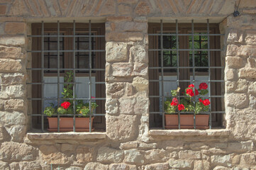 Fototapeta na wymiar two identical windows with planters with geraniums and bars on a stone facade