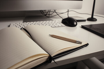 Comfortable place of work. Close-up top view of comfortable working place in office with and laptop. Workplace of designer. Notebook on the table. 
