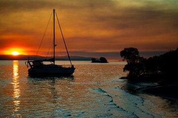 red sunset on magnetic island, australia; view of yacht and overgrown shipwreck at sunset; unique...