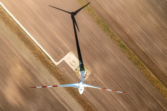 Aerial view of wind turbine in Monchhof, Austria,.