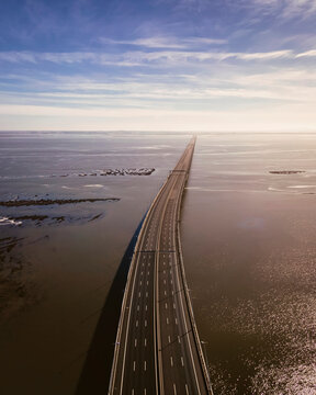 Aerial view of Vasco da Game bridge crossing the Tagus river in Lisbon, Portugal.