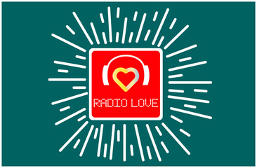 red logo with a heart and headphones and the inscription at the bottom "radio love" and white rays emanating from the center