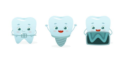 Cute tooth mascot dental set. Orthodontic prevention teeth collection. Kids dental care.
