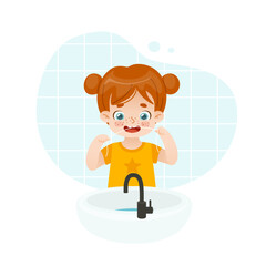 Flossing cartoon kid. Cute girl using dental floss in font of the sink. Adorable flossing baby girl.