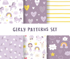 Girly pattern purple collection. Cute seamless vector prints set. Baby patterns bundle for apparel and textile.