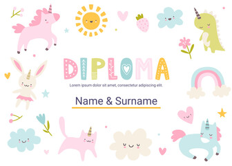 Unicorn diploma template. Girly vector certificate design for children competition.