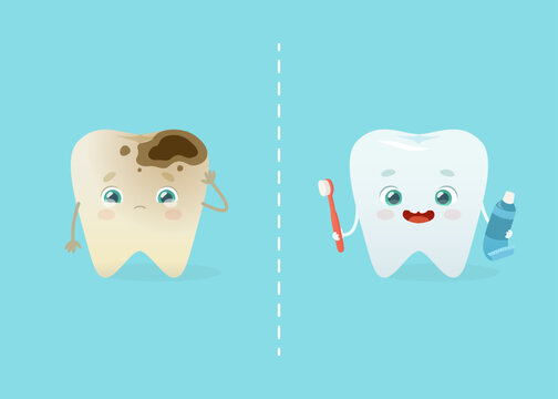 Dental problem and tooth hygiene. Cartoon tooth mascot with caries vs with toothbrush.