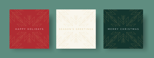 Set of Christmas Card Designs with Elegant Geometric Christmas Star Illustration. Modern Luxury Christmas Cards with Merry Christmas, Season's Greetings, Happy Holidays Text. Vector Design template. - 537068426