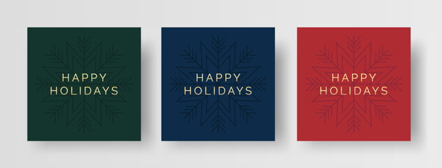 Happy holidays Christmas card design templates. Set of square Christmas greeting card designs with simple snowflake illustration and gold text. Simple and modern Christmas card templates.