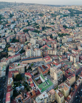 Aerial view of Naples downtown at sunset, Naples, Campania, Italy.