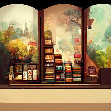 A Bookstore With Many Books And Cozy Theme