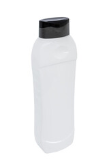 White plastic bottle for mockup, liquid container with lid on isolated white background.  Template for your design.