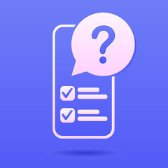 A paper-cut smartphone icon with a question mark on a purple background. FAQ help and answers to the question.