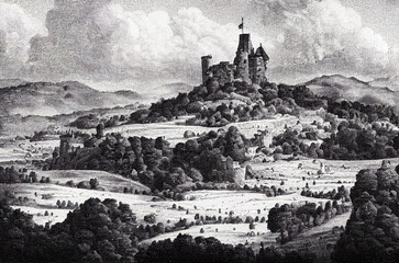castle on a hill line illustration