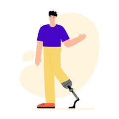 Young happy man with leg prosthesis. World Day of Persons with Disabilities. Flat vector illustration