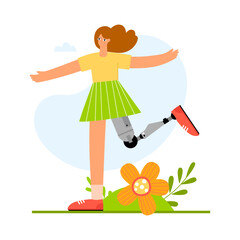 Young happy woman with leg prosthesis. World Day of Persons with Disabilities. Flat vector illustration