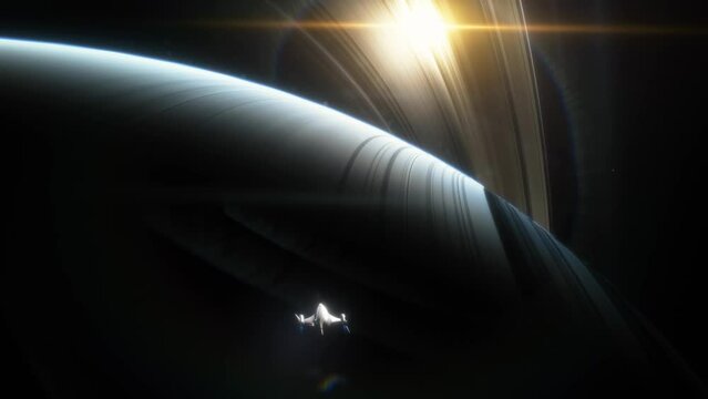 Spaceship flies over the atmosphere of the planet Saturn, the sun shines through the rings. Planet Saturn is a huge planet of the solar system with beautiful rings. Asteroid field near the planet