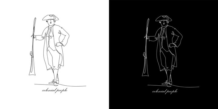 continuous line drawing of colonial people. line drawing colonial man with long gun