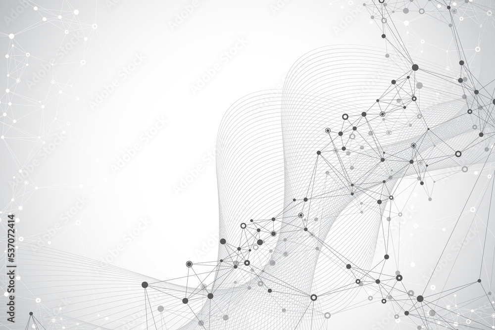 Poster Geometric abstract background with connected lines and dots. Connectivity flow point. Molecule and communication background. Graphic connection background for your design illustration.