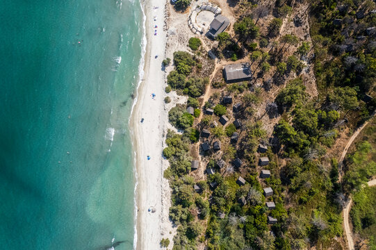 Aerial view of Casabianda beach, Aleria, Corse island, France.