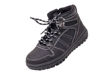 Winter boots. Close-up of a single elegant black leather winter boots with laces and rivets isolated on white. Clipping path. Macro. Autumn shoe fashion for child boy.