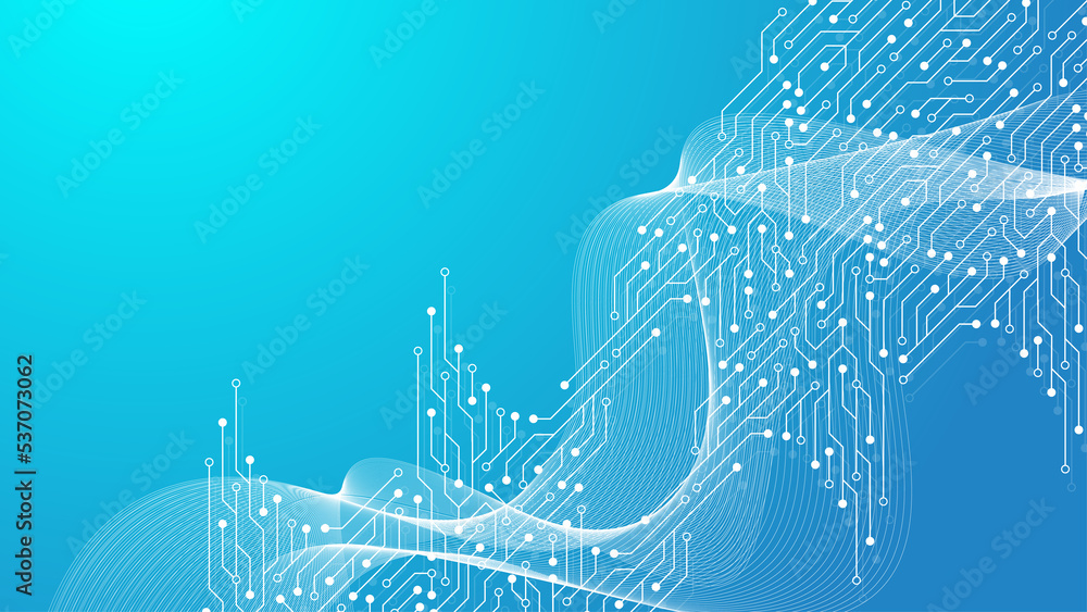 Poster Motherboard background with circuit board electronic elements. Electronic texture for computer technology, engineering concept. Motherboard computer generated abstract illustration