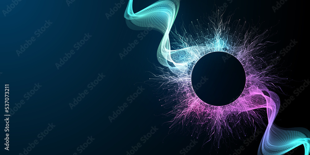 Poster Music wave flow poster design with lines and dots. Sound flyer with abstract gradient line waves. Music abstract background, illustration concept