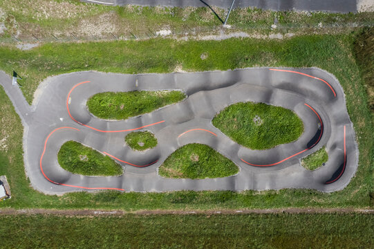 Aigle, Switzerland - 19 August 2022: Aerial view of a kart racing circuit in Aigle, Switzerland.