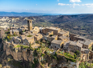 Aerial view of old european hilltop town, Civita di Bagnoregio, Lazio, Italy.