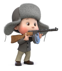 3d illustration little boy with a machine gun in his hands