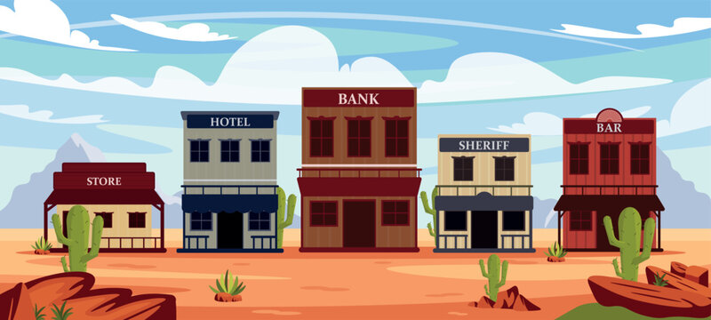 Vector illustration of old wild west houses. Cartoon landscape with American buildings of shop, bank, hotel, sheriff, bar on the background of mountains.