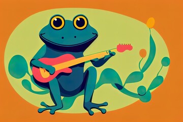 Obraz premium A frog playing guitar, 2d illustration. Humanized musician frog. Cheerful anthropomorphic frog, wearing summer outfit and playing guitar with a glad face. An animal character with a human body