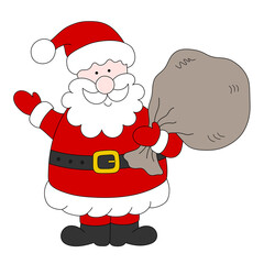 cute christmas cartoon santa claus character standing and holding a red sack