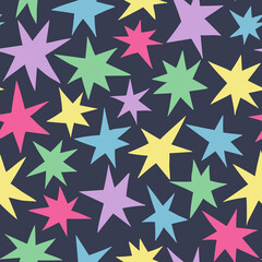 Obraz premium Seamless pattern with abstract stars on dark blue background. Multicolored star background. Vector repeated design for kids fabric.