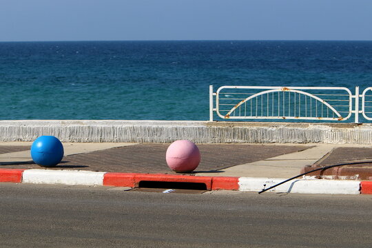 Road Barriers Along The Sidewalk For The Safe Passage Of Pedestrians.